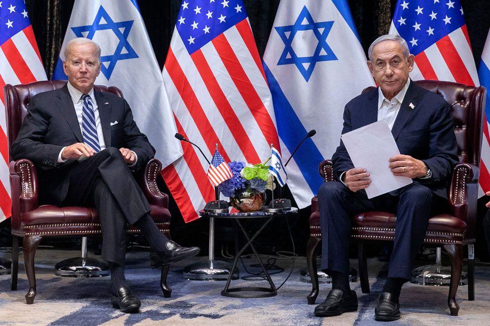 US President Joe Biden and Israeli Prime Minister Benjamin Netanyahu during a meeting in Tel Aviv, Israel, on 18 October 2023