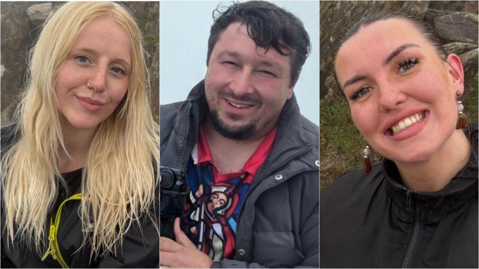Llun cyfansawdd o ymwelwyr ar Yr Wyddfa - o'r chwith i'r dde: Abbie Fidgett, Carl Lynch a Lucy Taylor