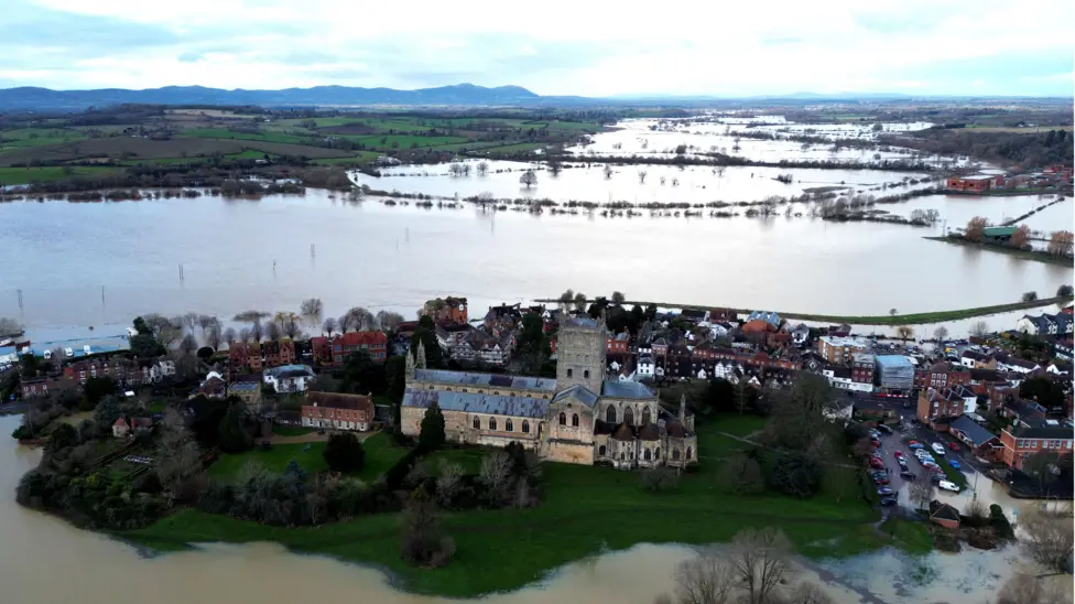 Aerial view of flooding across the English countryside