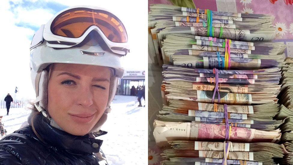 A split image, with Ekaterina Zhdanova on the ski slopes, winking at the camera, on the left, and bundles of cash on the right 