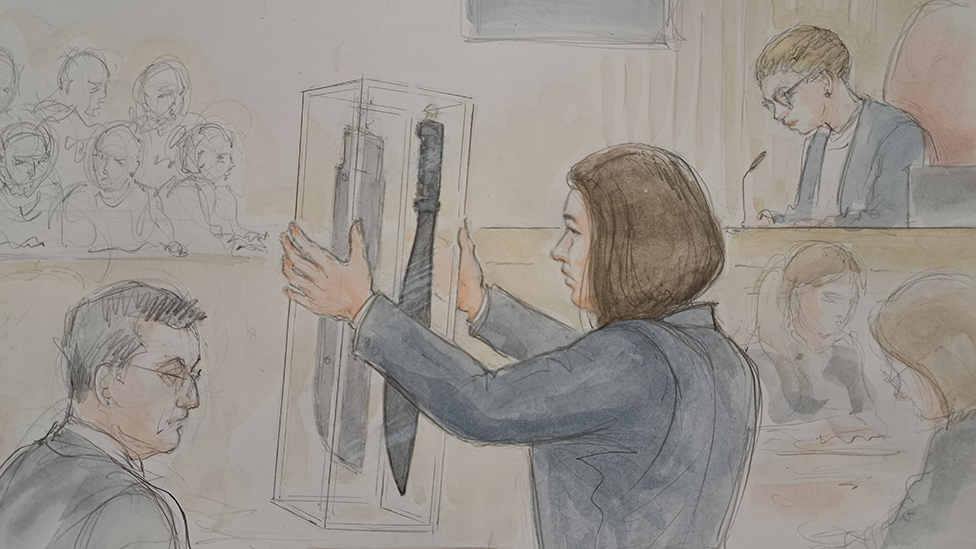 Artist's court sketch of prosecution showing machete