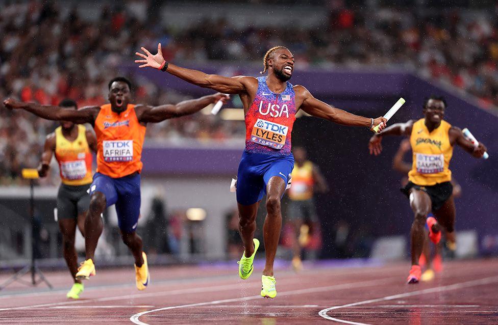 United States' Noah Lyles celebrates after winning gold in the men's 4x100m relay final at the World Athletics Championships
