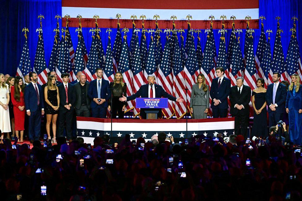 Republican presidential candidate Donald Trump speaks during an election night event at the West Palm Beach Convention Center in West Palm Beach, Florida, on November 6, 2024.