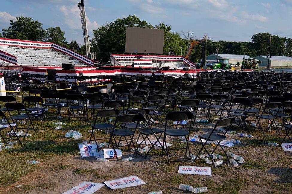 A campaign rally site for Republican presidential candidate former President Donald Trump is empty and littered with debris Saturday, July 13, 2024, in Butler, Pa.