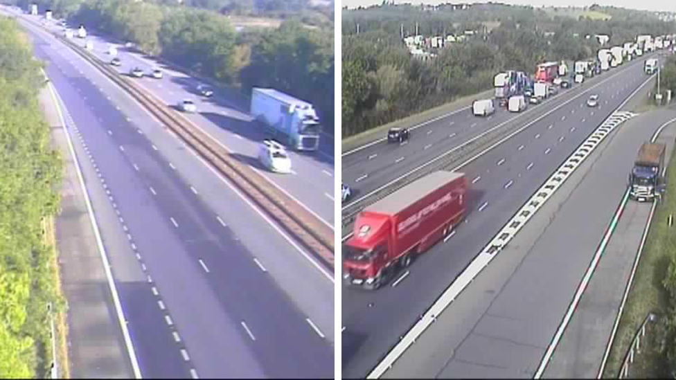 A split screen with two images of a road, on a traffic camera. On the left, one side of the motorway is empty, while there are cars on the other side. On the right, there is traffic building in one lane