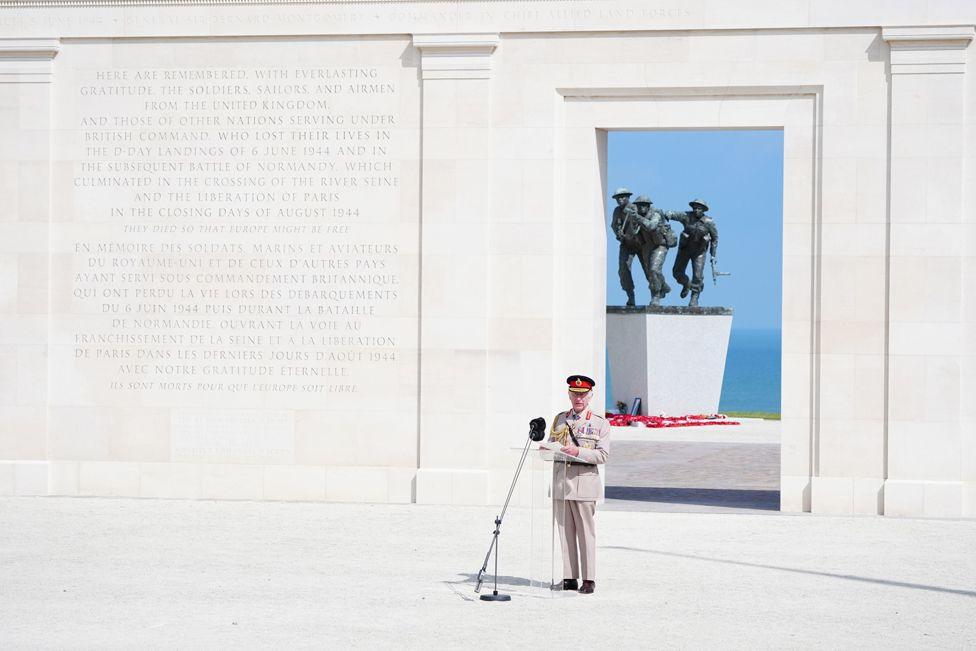 King Charles III speaking during the UK national commemorative event for the 80th anniversary of D-Day, held at the British Normandy Memorial in Ver-sur-Mer, Normandy, France.  June 6, 2024. 