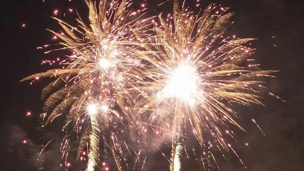 Golden fireworks exploding on a dark night.
