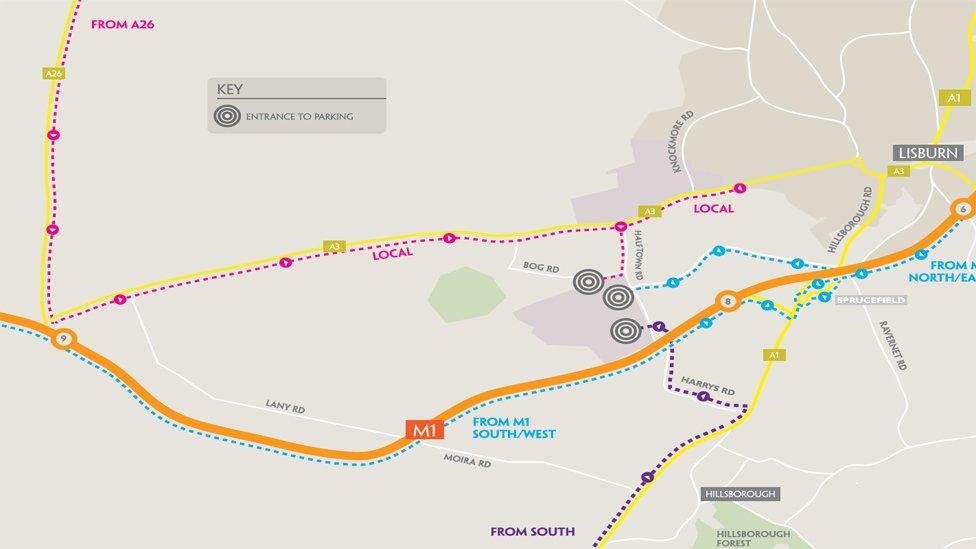 A map showing roads leading to Balmoral Show