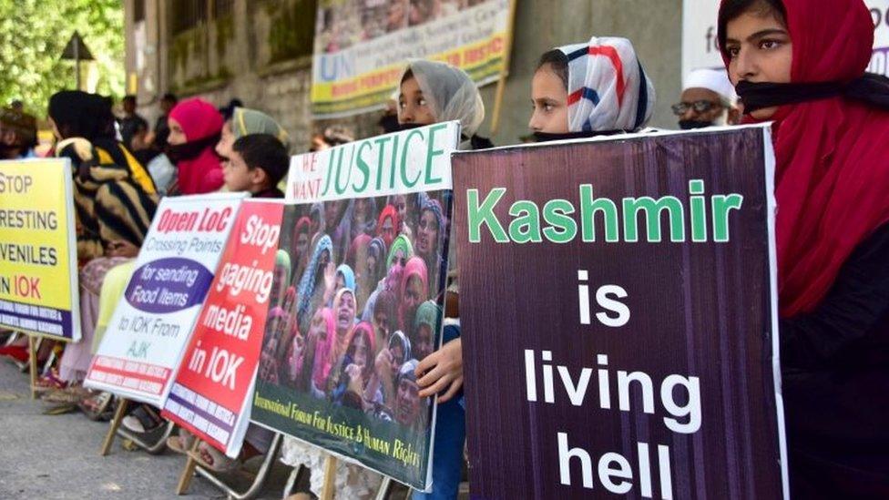 Kashmiri refugees in Pakistan-administered Kashmir take part in an anti-Indian protest