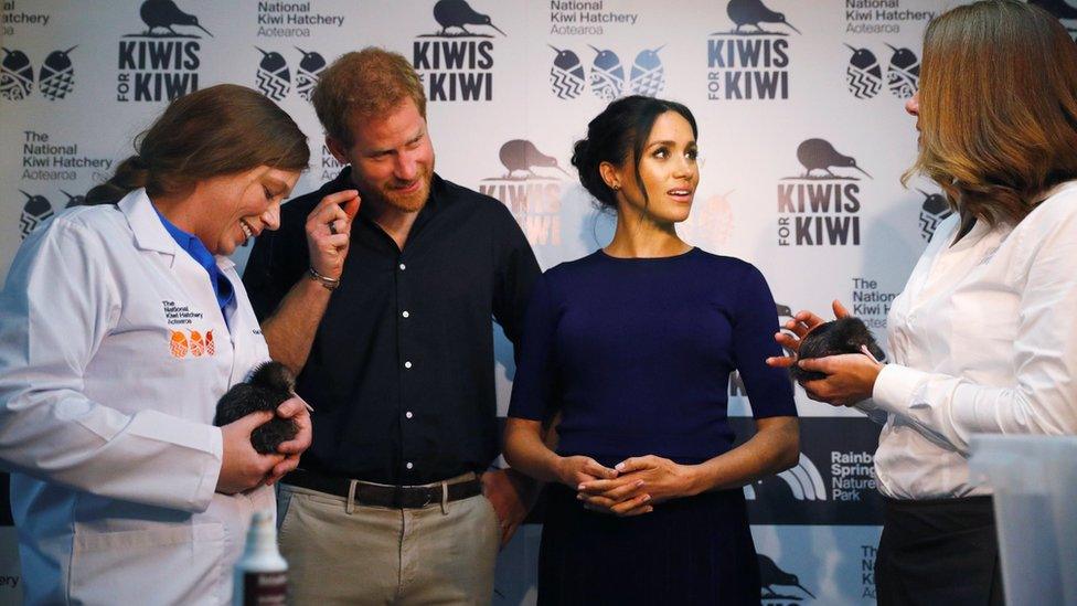 Prince Harry and Meghan, the Duchess of Sussex talk to staff as they look at kiwi chicks as they visit the National Kiwi Hatchery at Rainbow Springs, Rotorua, New Zealand