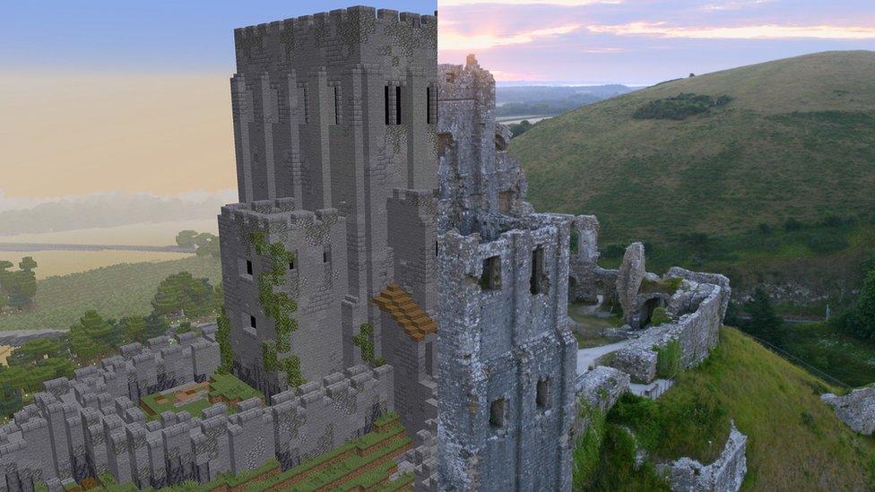 The real Corfe Castle and the Minecraft version split screen.