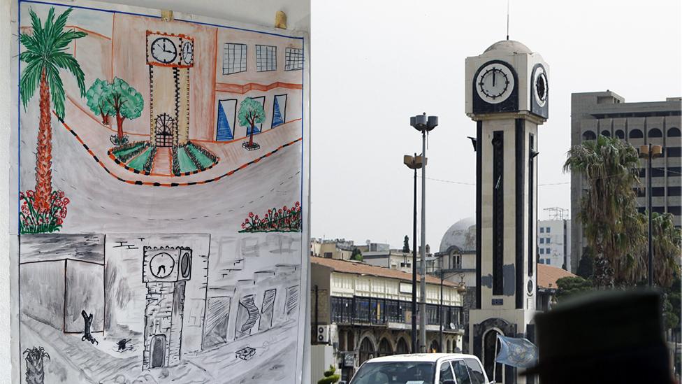 Drawing by Syrian child refugee appears to show a before-and-after comparison of a square in the Syrian city of Homs