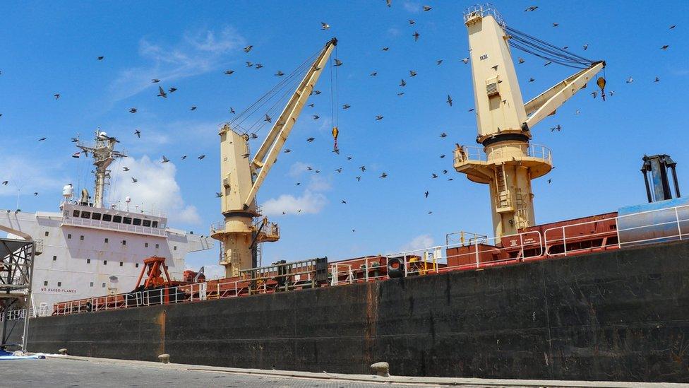 Greek-flagged bulk cargo vessel Sea Champion docked at the port of Aden, Yemen, after being twice targeted by Houthi missiles (21 February 2024)