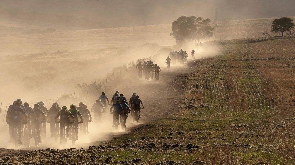 Riders complete in Stage 2 of the ABSA Cape Epic MTB race over 97km with 2200m of climbing in Saronsberg, South Africa, 19 March 2024.