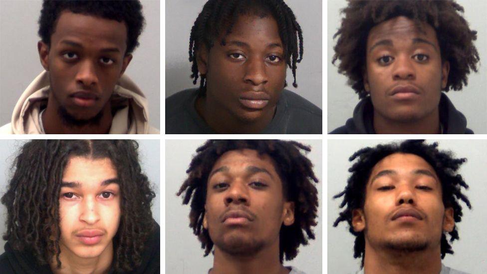 A composite image of six young males photographed for police custody mugshots. They all look young and serious in their expression. Clockwise from the top left is Hamza Dinbil, Isaac Bello, Michael King, Mekai Brown, Lucas Braga and Tyler Omo-Irogho.