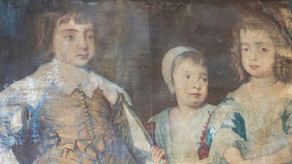 A close-up of an 18th Century print of a portrait of the future Charles II, James II and Mary, Princess of Orange, as children