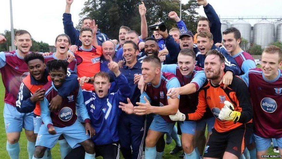 Westfields players celebrate their FA Cup fourth qualifying round win