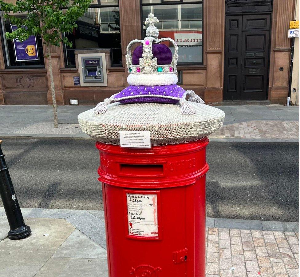 A crocheted jubilee crown that was in place on Bedford High Street