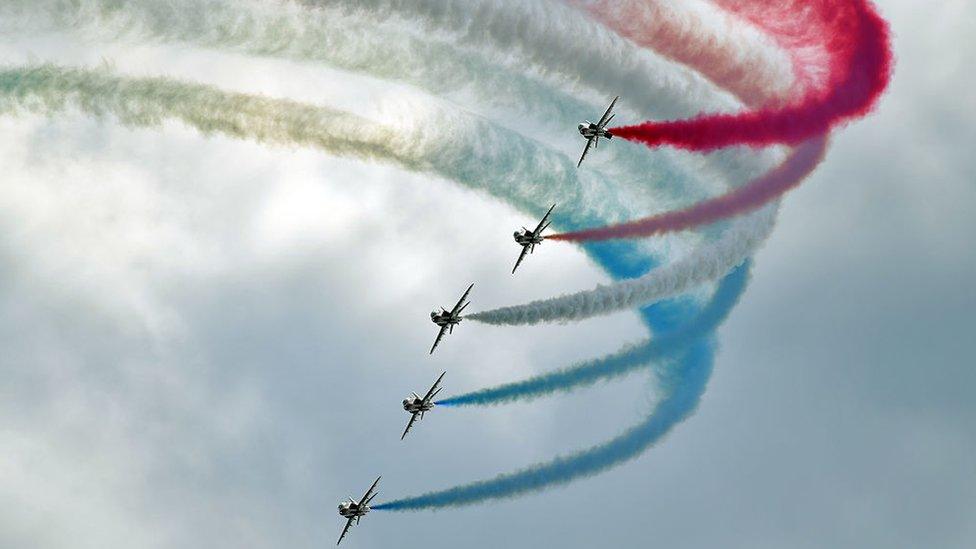 he Red Arrows aerobatics display team perform during the Bournemouth Air Festival on August 18, 2016