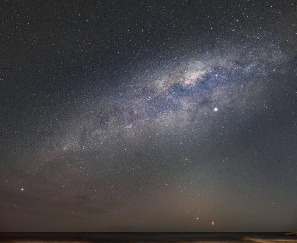 A photo of the night sky showing planet alignment