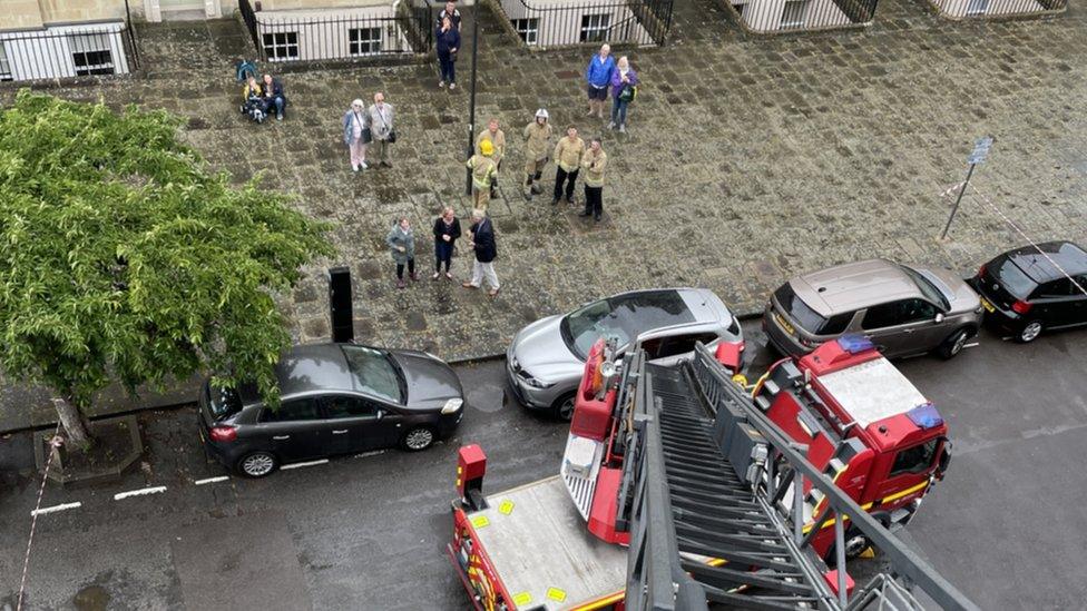 Fire truck at St John's Church in Bath rescuing a peregrine chick