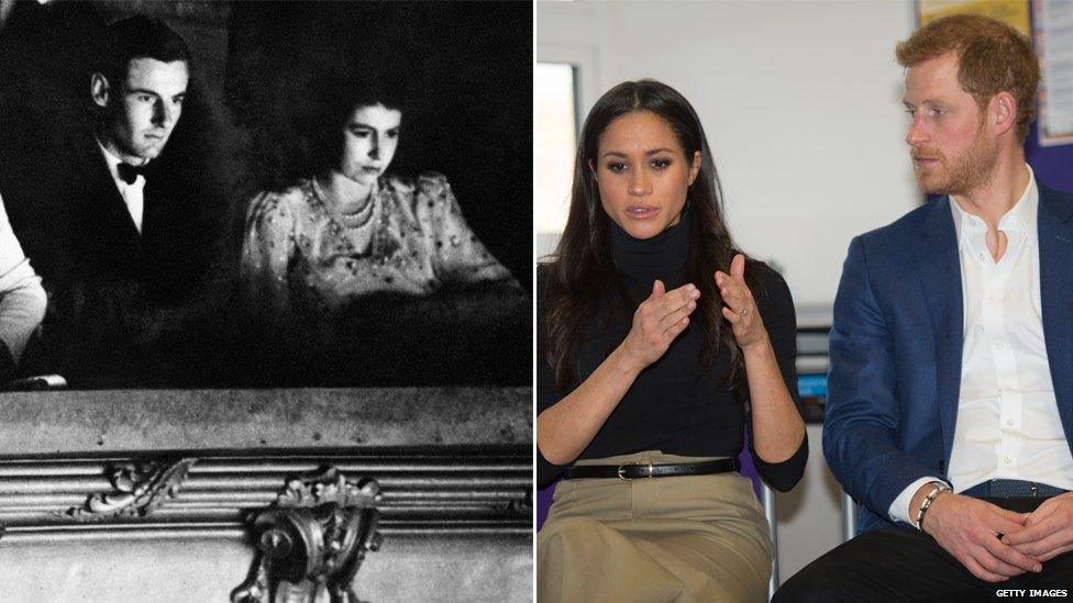 (L) Captain Pete Townsend at the theatre with Princess Margaret; (R) Meghan Markle and Prince Harry