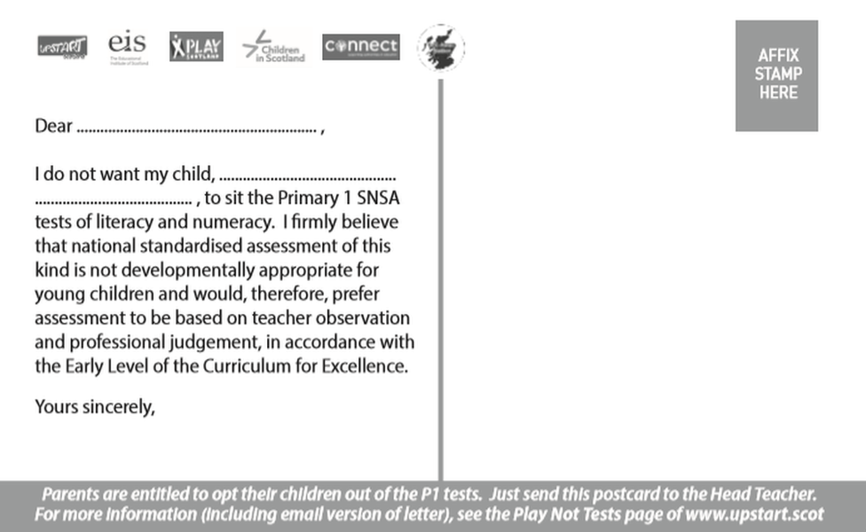 The postcard parents can fill in to ask that their children do not take part in P1 testing