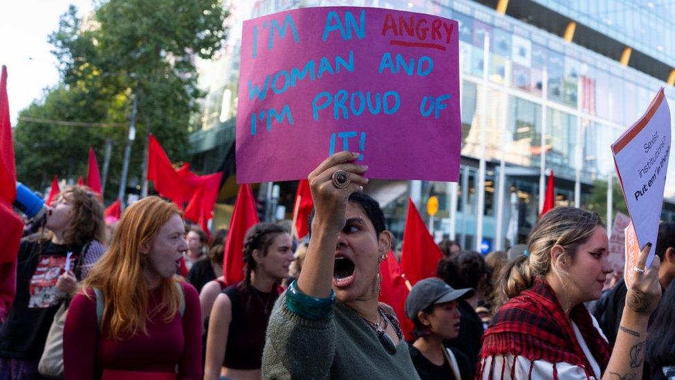 Protestors attend an International Women's day protest rally on 7 March, 2024 in Melbourne, Australia