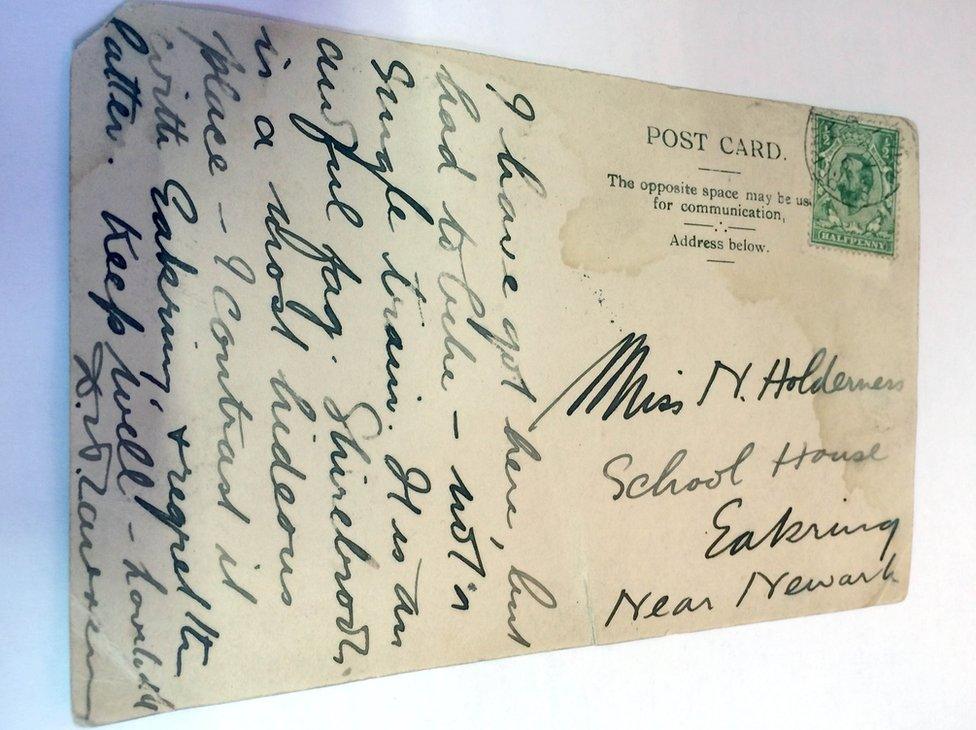 A handwritten and signed postcard by DH Lawrence sent from Shirebrook, Derbyshire, to a woman in Eakring, Nottinghamshire, in 1911