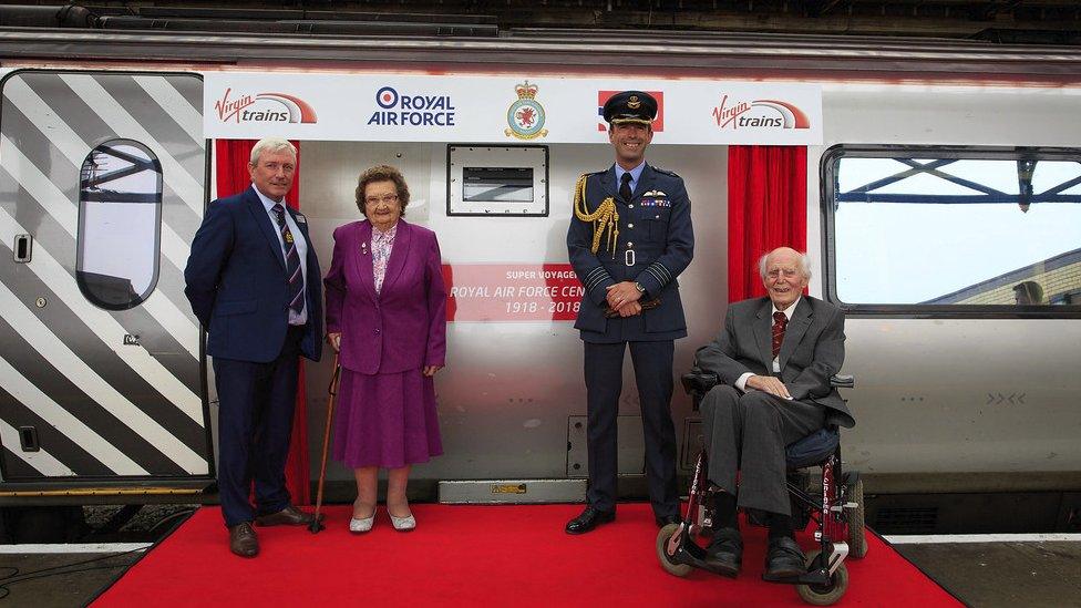 Paul Williams (Driver Team Manager, Virgin Trains), Mary Roberts., RAF Valley Station Commander Group Captain Nick Tucker-Lowe DSO, with John Wynne