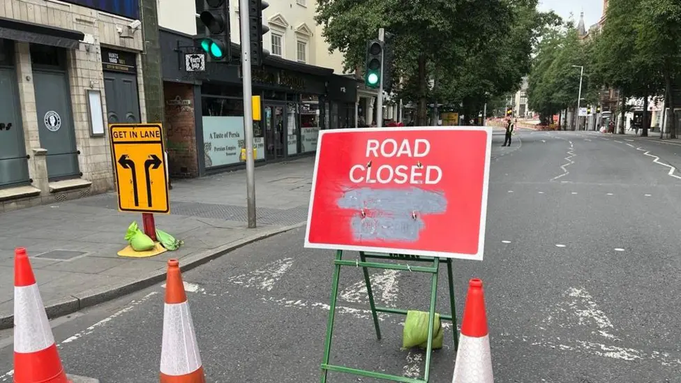 Cones and sign on Upper Parliament Street Nottingham