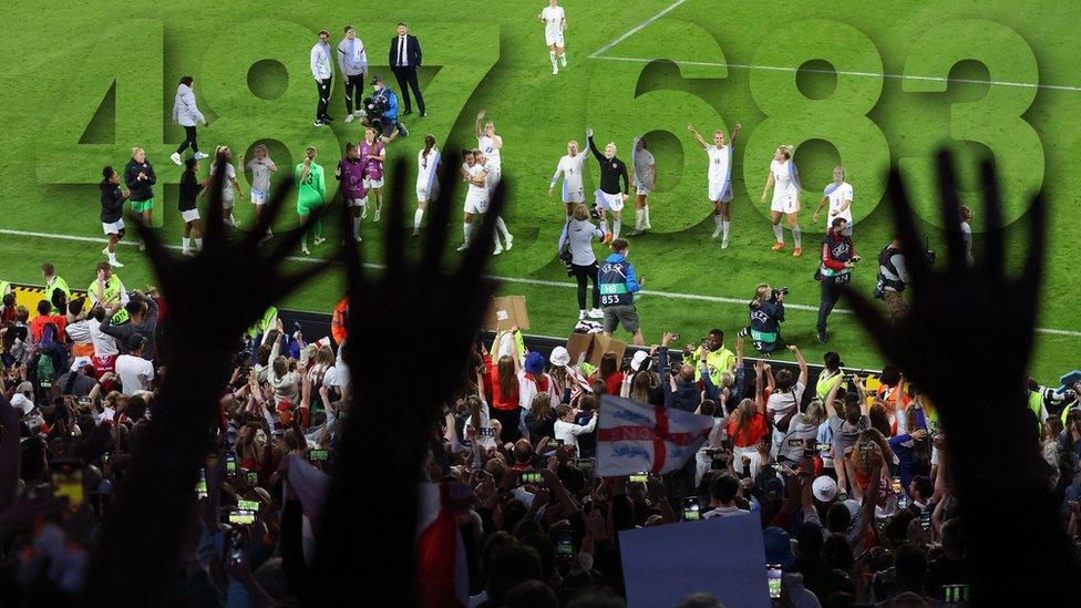 Fans in front of the Lionesses celebrating with the number 487,683.