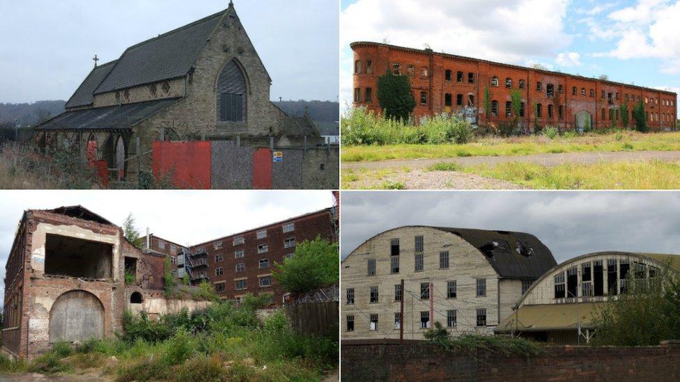 St Andrew's Church, Huddersfield, The Great Northern Railway Warehouse, Derby, Chance's Glassworks, Smethwick, West Midlands, Fison's Fertiliser Factory, Bramford, Suffolk