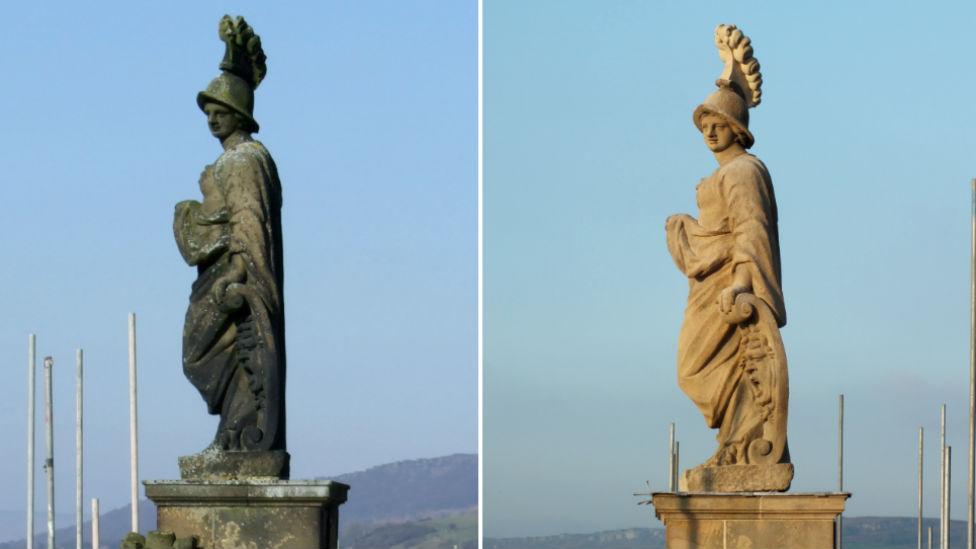 Before and after cleaning of the Minerva statue