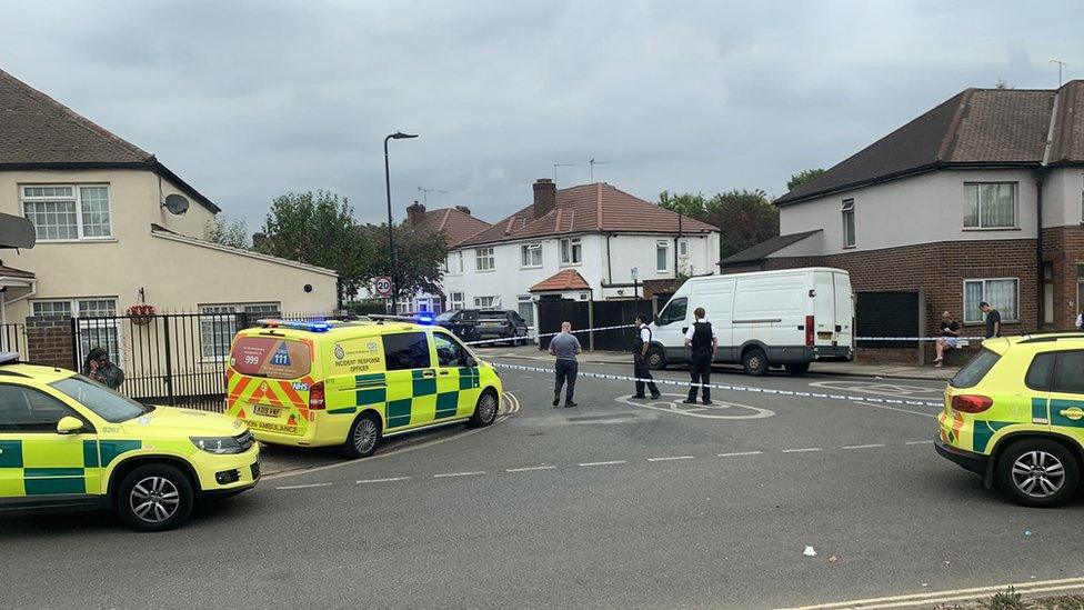 Handout photo taken with permission from the Twitter feed of @ronny000000000 of police officers near the scene of an incident at Cayton Road, Greenford, west London, where an elderly man who had been riding a mobility scooter was stabbed to death. Metropolitan Police officers were called at 4.06pm on Tuesday to Cayton Road, Greenford, to reports of a man with stab injuries, and despite the efforts of paramedics he was declared dead at the scene. Picture date: Tuesday August 16, 2022. PA Photo. See PA story POLICE Greenford. Photo credit should read: Ronaldo Butrus/PA Wire