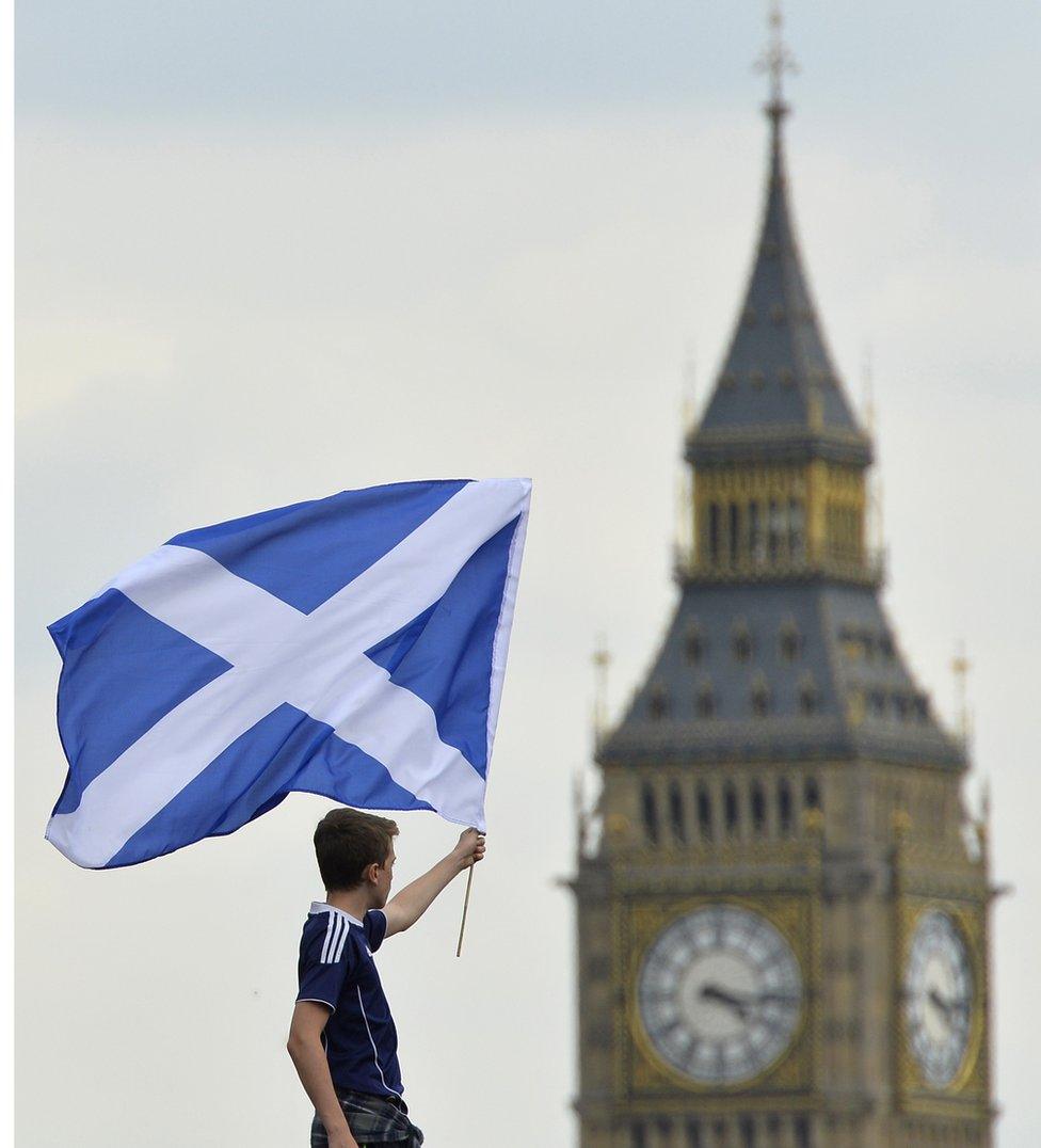 Scotland fan with saltire near Big Ben