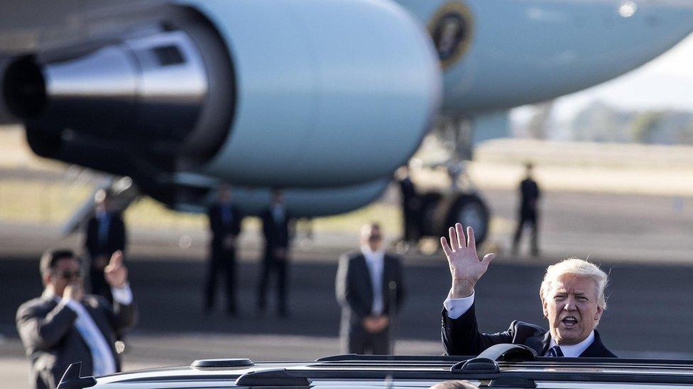 US President Donald Trump waves as after arriving at the Fiumicino Airport in Rome, Italy, 23 May 2017.