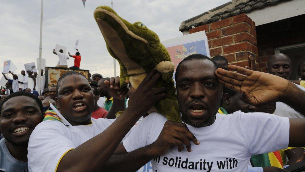 Zanu-PF supporters with a toy crocodile at an air force base in Harare, Zimbabwe, 22 November 2017