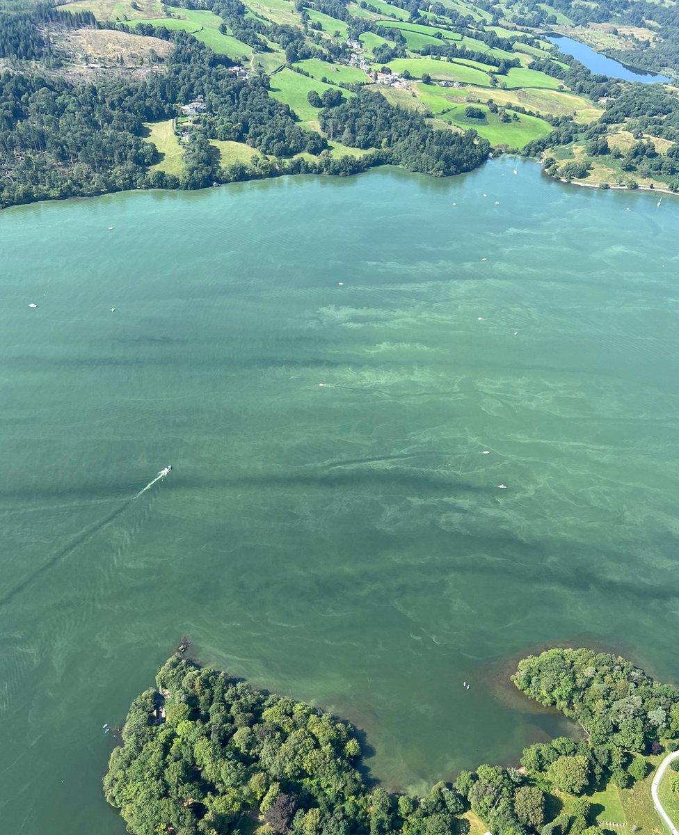 Aerial shot of Windermere showing the water with a blue-green colour