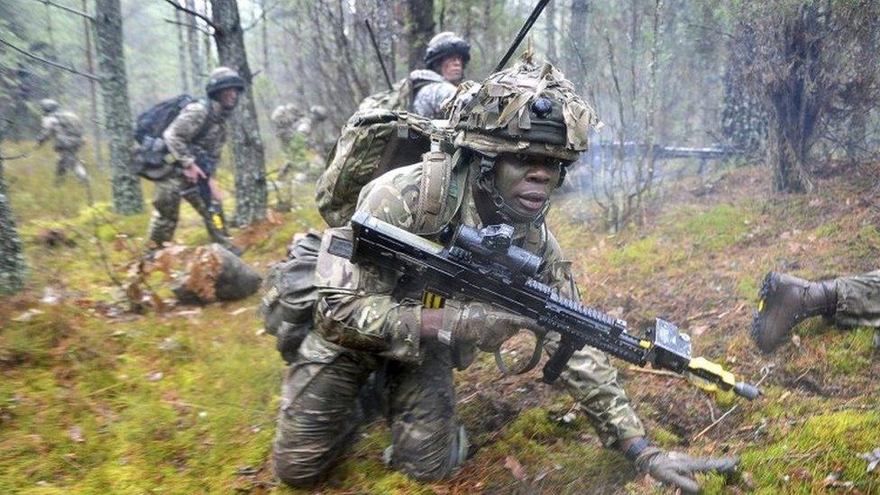 British, Lithuanian and Canadian troops rehearsing joint operations on Nato's Exercise Iron Sword (26 October 2016)