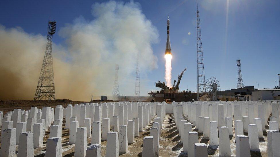 Soyuz booster rocket with the Soyuz MS-10 spacecraft launches from Baikonur cosmodrome, Kazakhstan, 11 October 2018