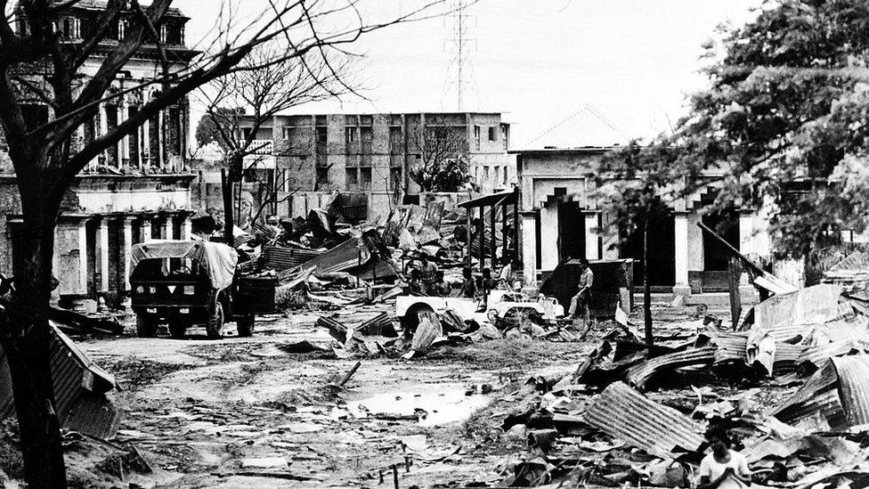 Picture taken on July 24, 1971 of the destroyed streets of Madhabpur during the Indo-Pakistani War of 1971