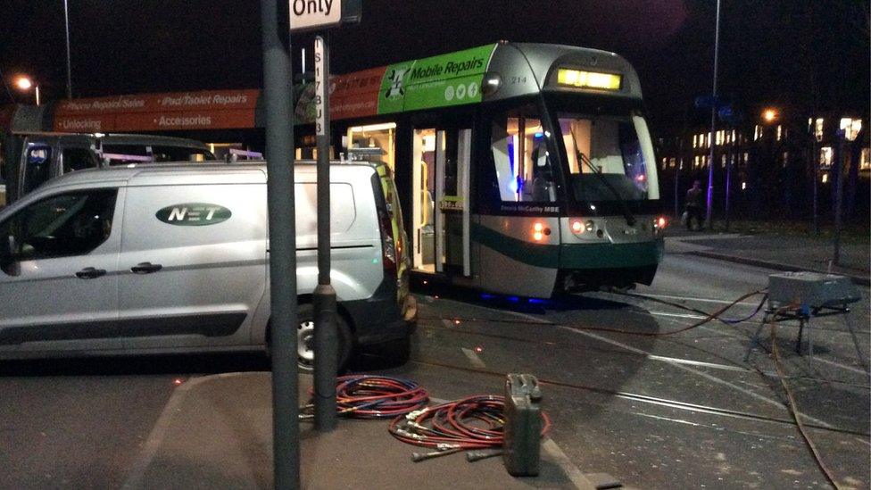 Nottingham tram derails in van crash