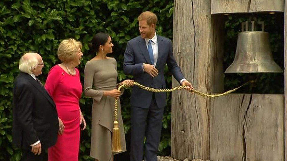 The royal couple rang the Peace Bell at the presidential residence in Phoenix Park