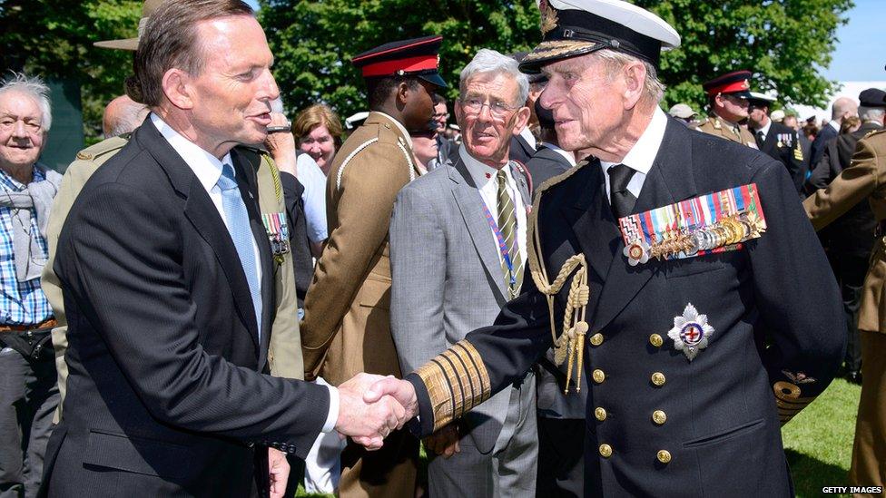 Australian Prime Minister Tony Abbott and Prince Philip, Duke of Edinburgh