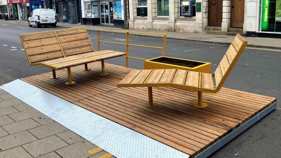 One of two parklets in Mercer Row, Louth, before they were taken away