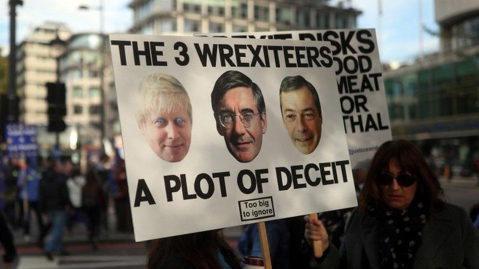 A protester holds a banner during an anti-Brexit demonstration, in central London