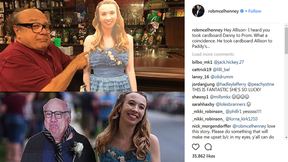 A screenshot of Rob McElhenney's Instagram page. It has two pictures - one of Allison with a cardboard cutout of Danny DeVito, and one of Danny DeVito with a cardboard cutout of Allison.