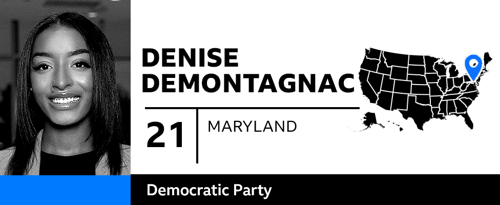 BBC graphic introduces Denise DeMontagnac, a 21-year-old from Maryland who describes herself as a Democrat