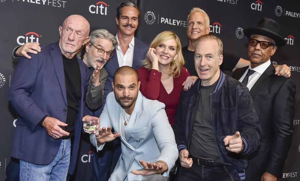 Jonathan Banks, Peter Gould, Tony Dalton, Michael Mando, Rhea Seehorn, Patrick Fabian, Bob Odenkirk, and Giancarlo Esposito attend the 39th annual PaleyFest LA - "Better Call Saul" at Dolby Theatre on April 09, 2022 in Hollywood, California